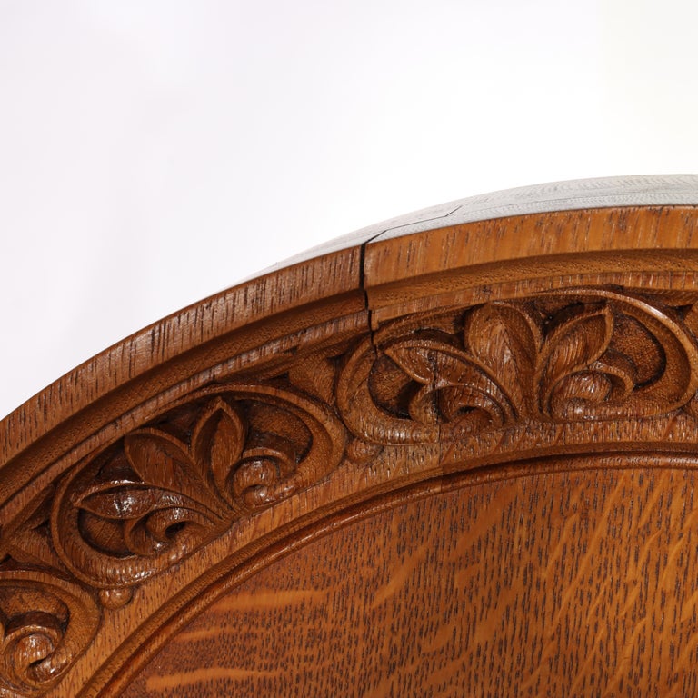 Pair Oversized Gothic Foliate Carved Oak & Upholstered Armchairs C1890