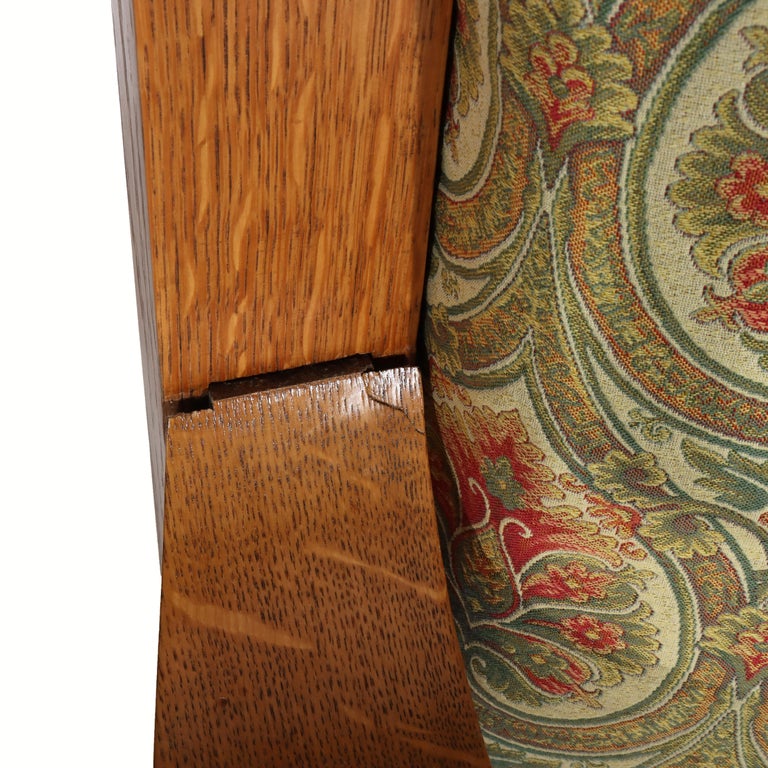 Pair Oversized Gothic Foliate Carved Oak & Upholstered Armchairs C1890