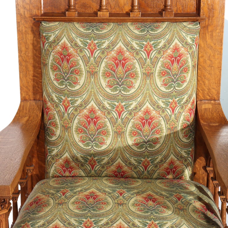 Pair Oversized Gothic Foliate Carved Oak & Upholstered Armchairs C1890
