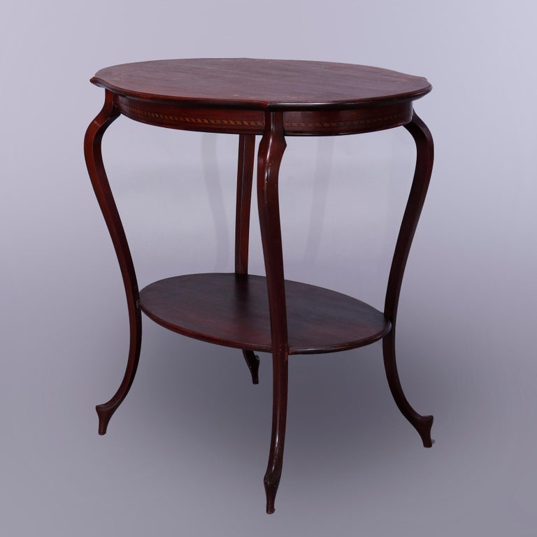 Antique French Style Mahogany & Satinood Marquetry Inlay Parlor Table, c1900