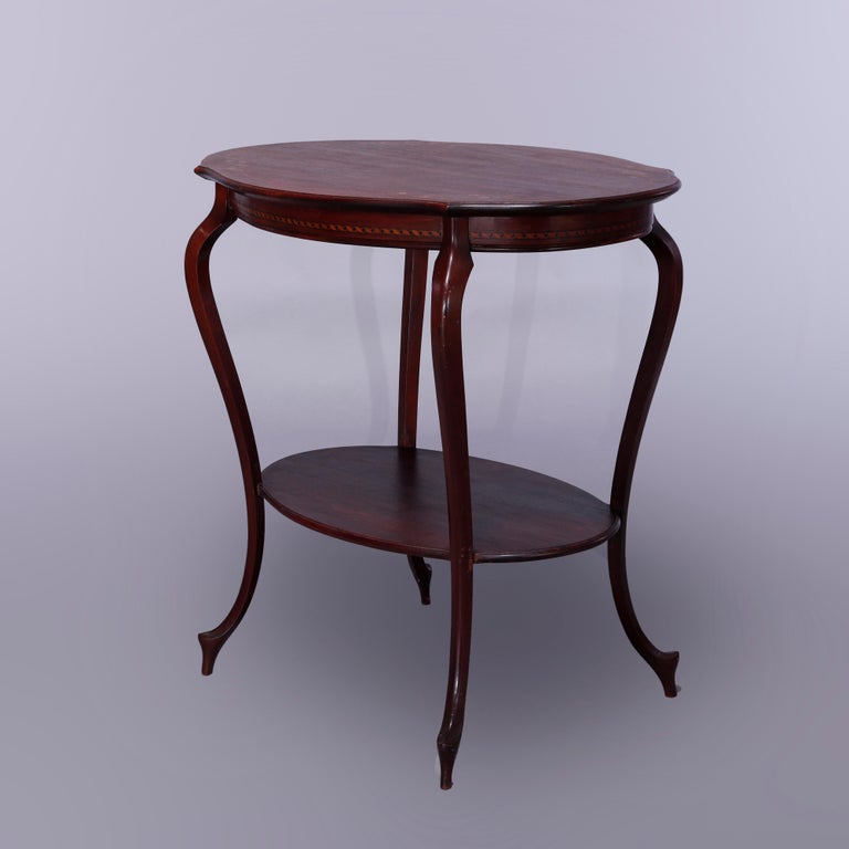 Antique French Style Mahogany & Satinood Marquetry Inlay Parlor Table, c1900