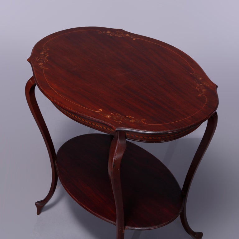 Antique French Style Mahogany & Satinood Marquetry Inlay Parlor Table, c1900