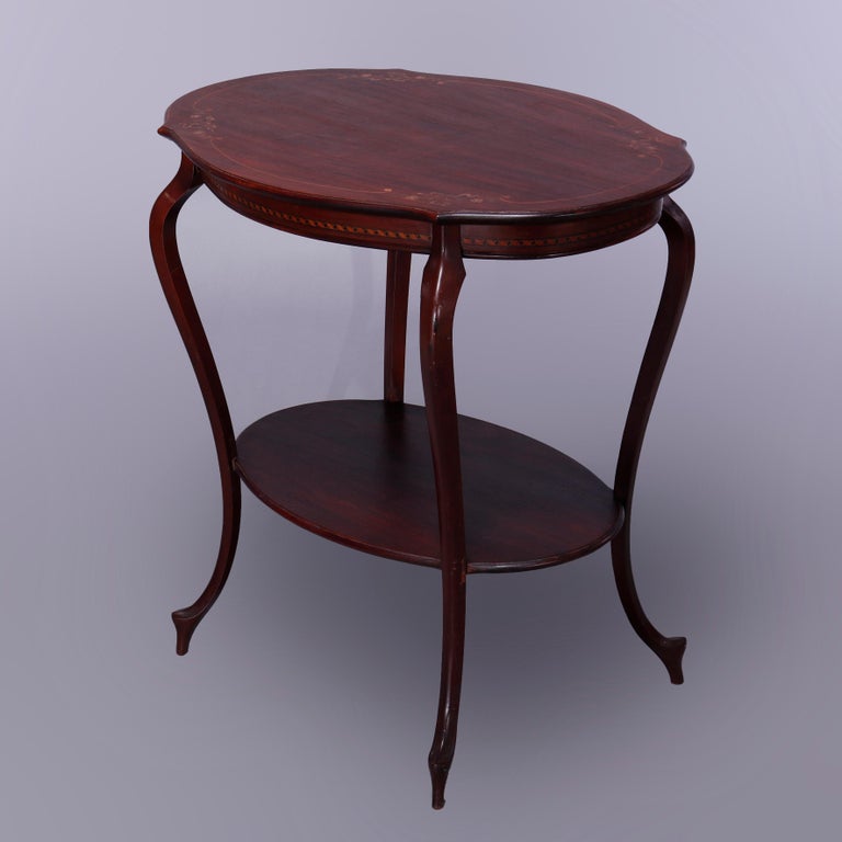 Antique French Style Mahogany & Satinood Marquetry Inlay Parlor Table, c1900