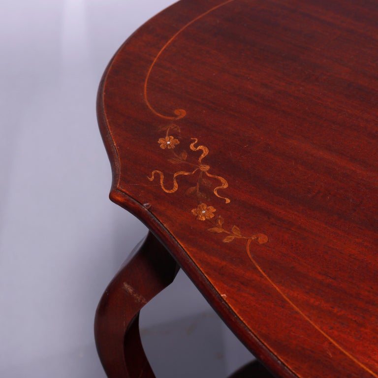 Antique French Style Mahogany & Satinood Marquetry Inlay Parlor Table, c1900