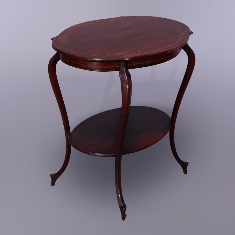 Antique French Style Mahogany & Satinood Marquetry Inlay Parlor Table, c1900