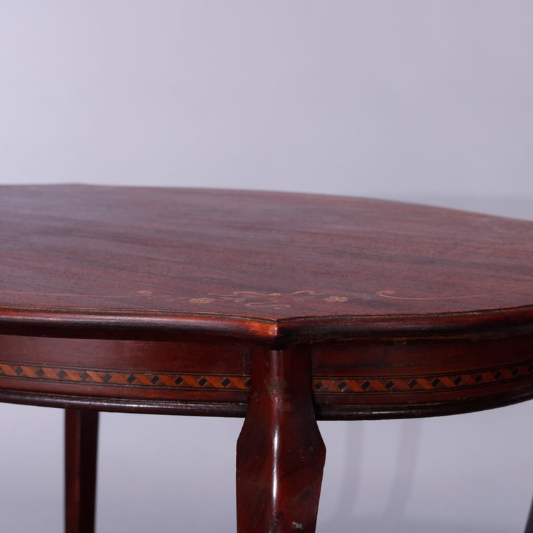 Antique French Style Mahogany & Satinood Marquetry Inlay Parlor Table, c1900
