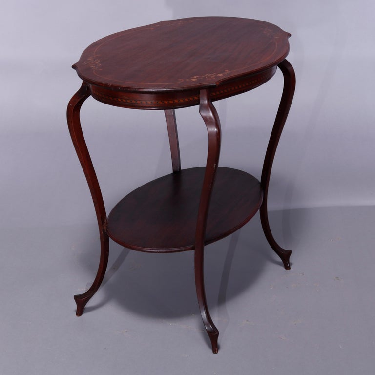 Antique French Style Mahogany & Satinood Marquetry Inlay Parlor Table, c1900