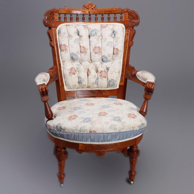 Six Antique Eastlake Spindled Walnut & Burl Upholstered Parlor Chairs, C1890