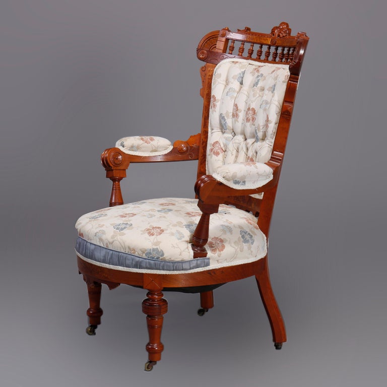 Six Antique Eastlake Spindled Walnut & Burl Upholstered Parlor Chairs, C1890