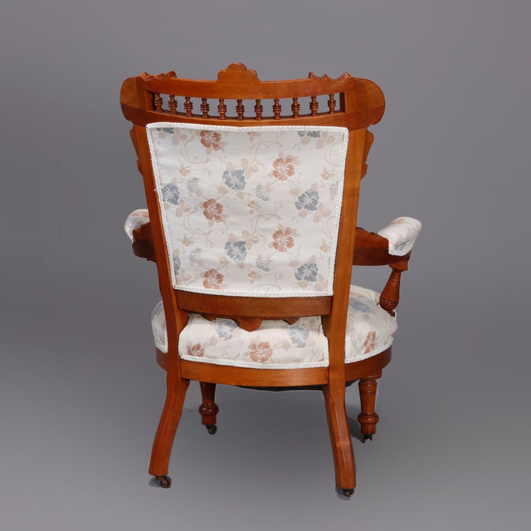 Six Antique Eastlake Spindled Walnut & Burl Upholstered Parlor Chairs, C1890