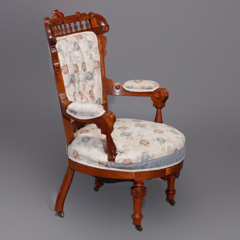 Six Antique Eastlake Spindled Walnut & Burl Upholstered Parlor Chairs, C1890
