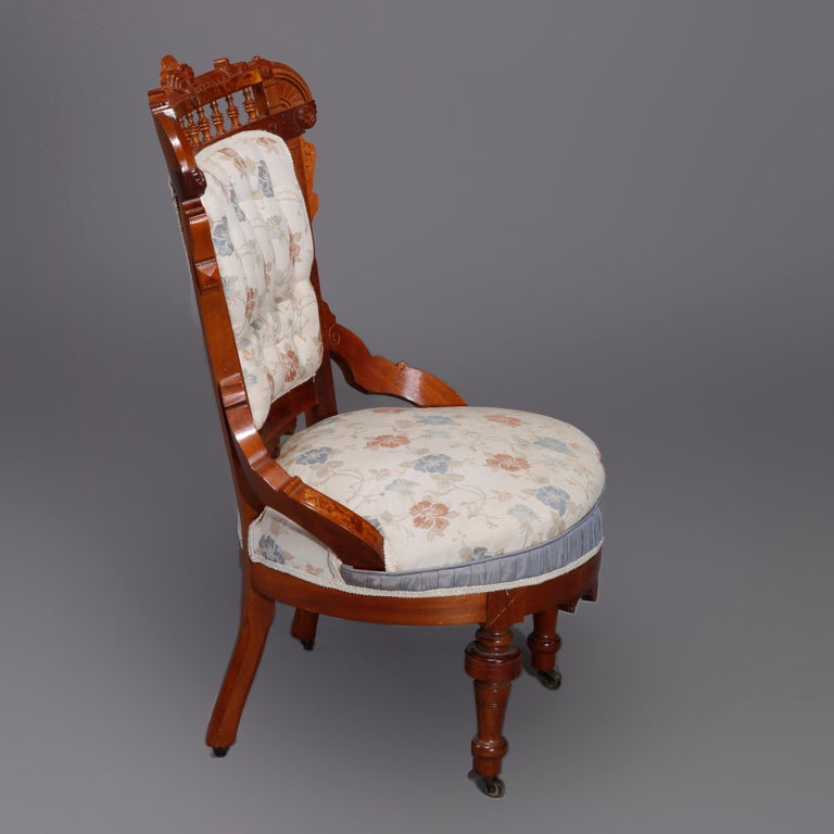 Six Antique Eastlake Spindled Walnut & Burl Upholstered Parlor Chairs, C1890