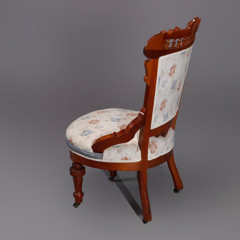 Six Antique Eastlake Spindled Walnut & Burl Upholstered Parlor Chairs, C1890