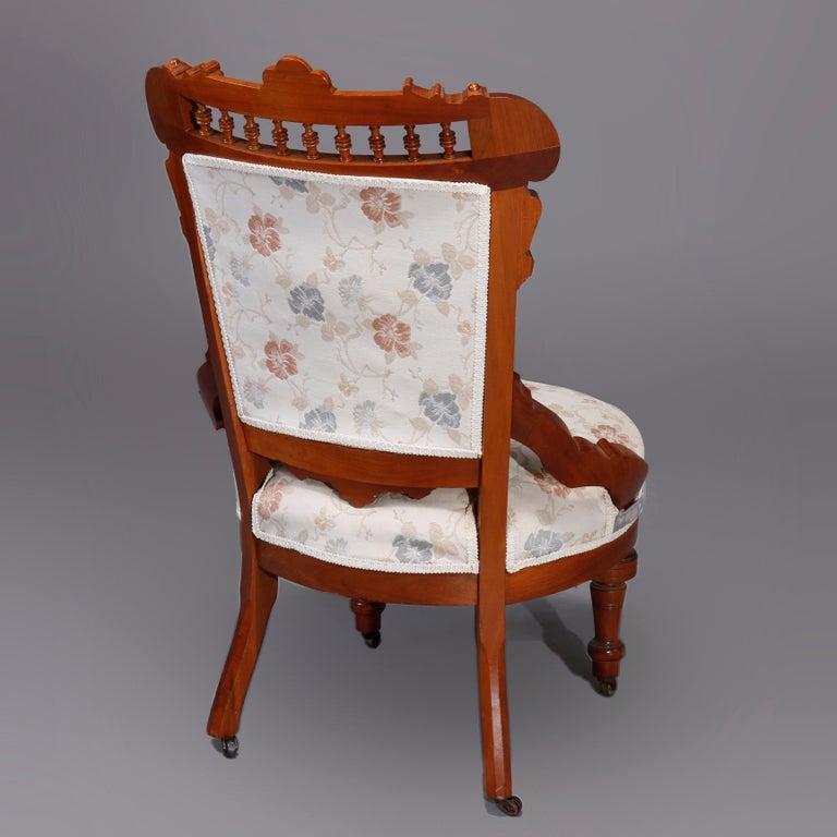 Six Antique Eastlake Spindled Walnut & Burl Upholstered Parlor Chairs, C1890