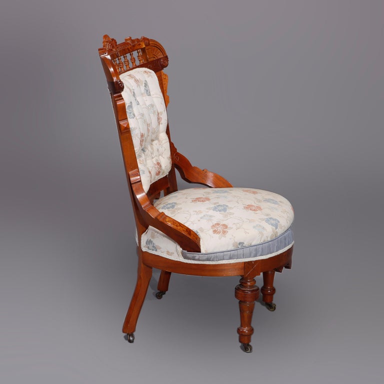 Six Antique Eastlake Spindled Walnut & Burl Upholstered Parlor Chairs, C1890