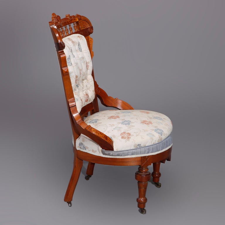 Six Antique Eastlake Spindled Walnut & Burl Upholstered Parlor Chairs, C1890