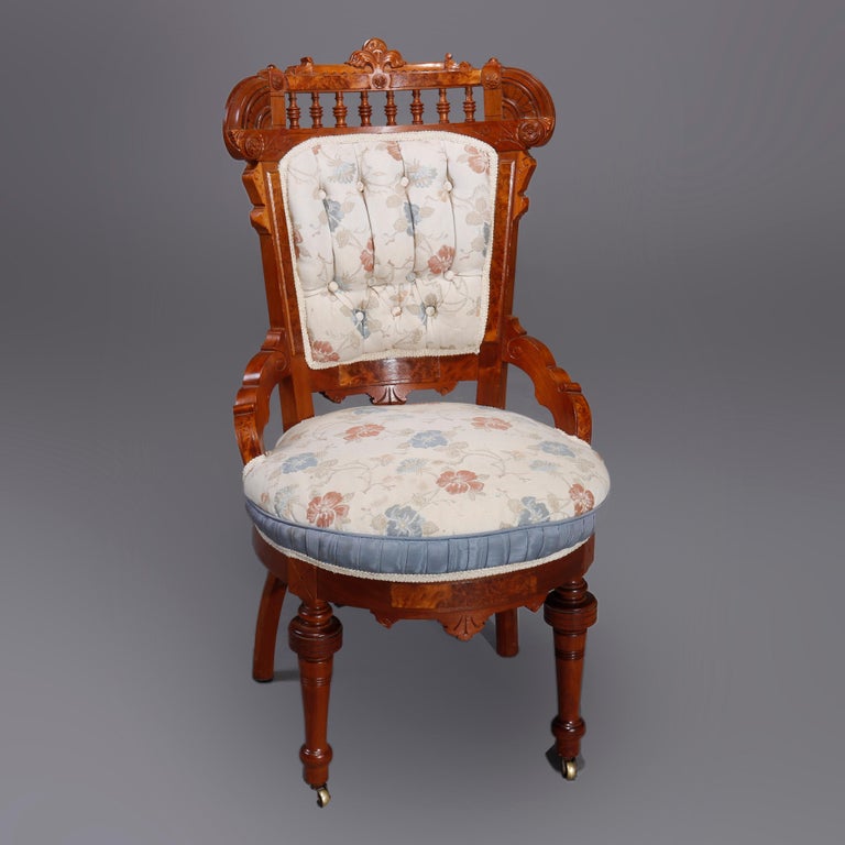 Six Antique Eastlake Spindled Walnut & Burl Upholstered Parlor Chairs, C1890