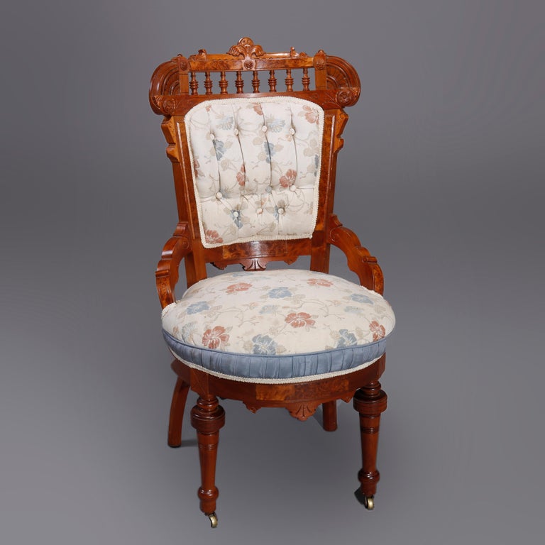 Six Antique Eastlake Spindled Walnut & Burl Upholstered Parlor Chairs, C1890