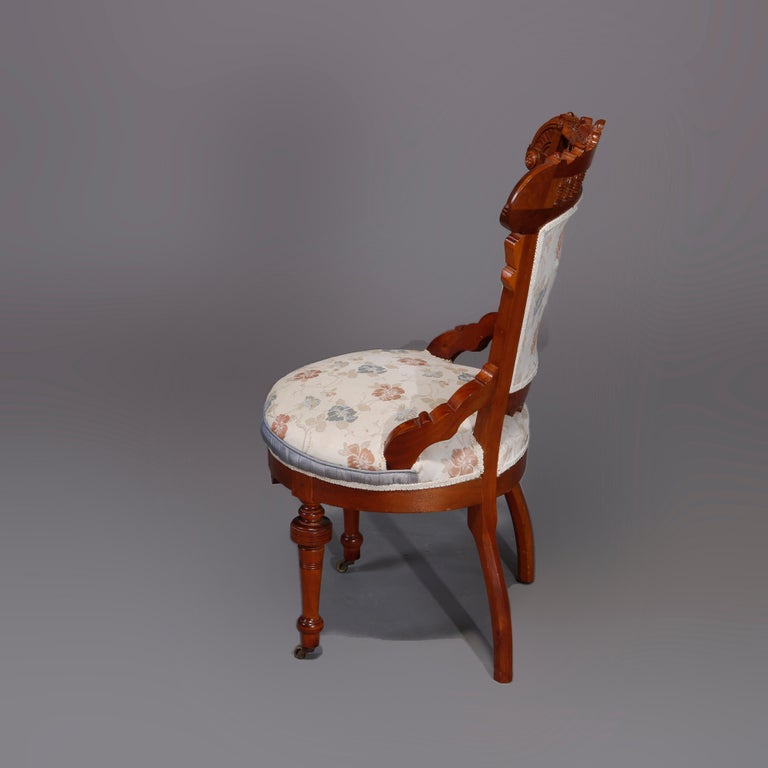 Six Antique Eastlake Spindled Walnut & Burl Upholstered Parlor Chairs, C1890