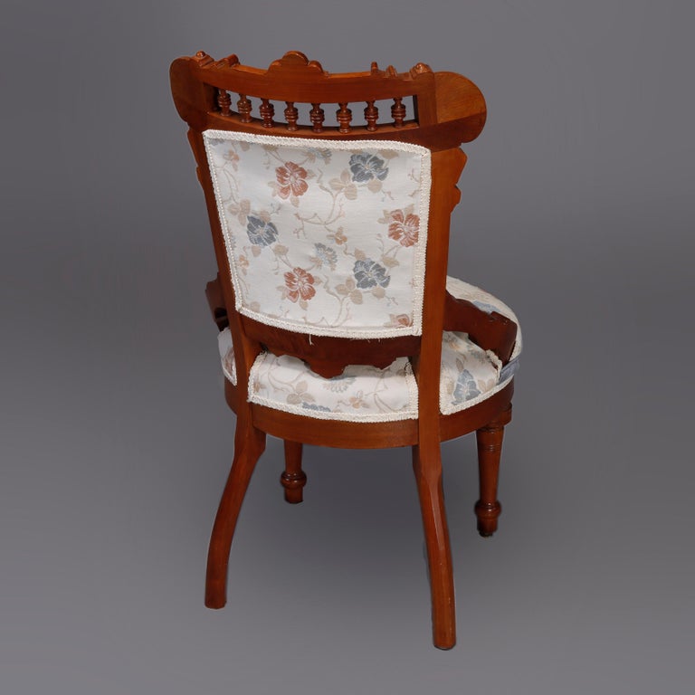 Six Antique Eastlake Spindled Walnut & Burl Upholstered Parlor Chairs, C1890