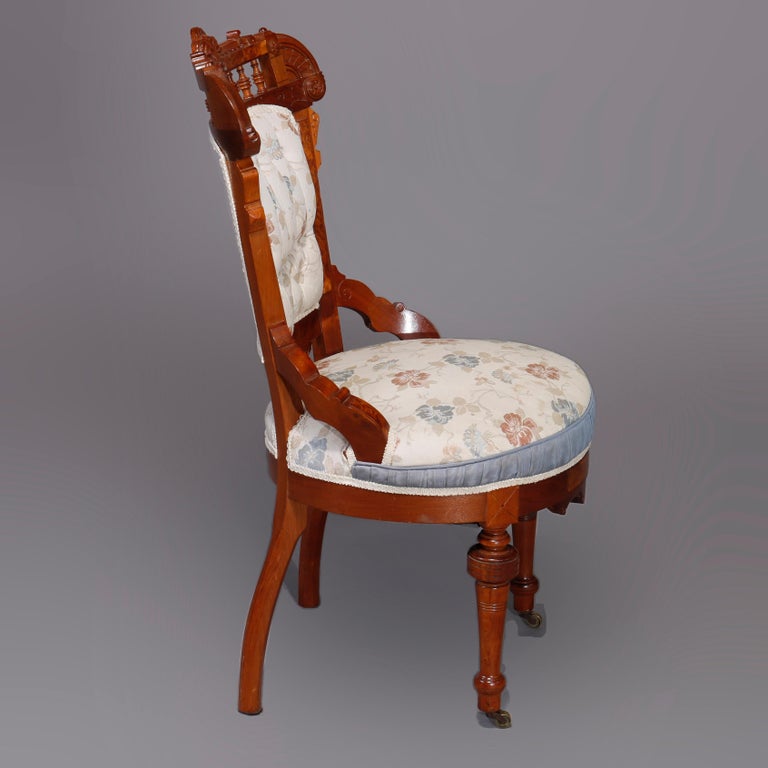 Six Antique Eastlake Spindled Walnut & Burl Upholstered Parlor Chairs, C1890
