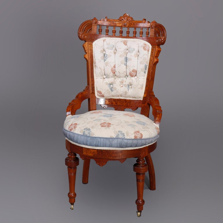 Six Antique Eastlake Spindled Walnut & Burl Upholstered Parlor Chairs, C1890