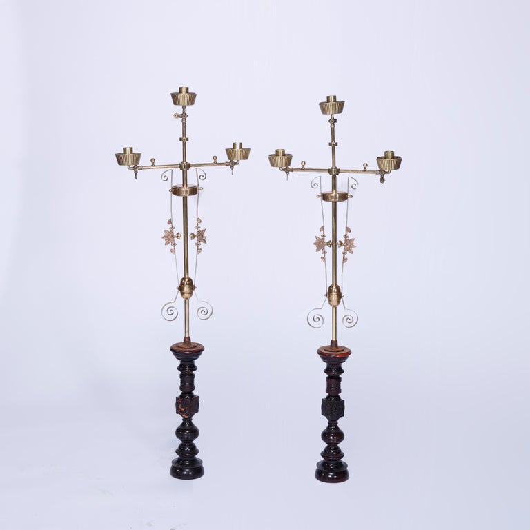 Antique Pair Aesthetic Brass & Mahogany Newell Post Candelabra Lights, C1870