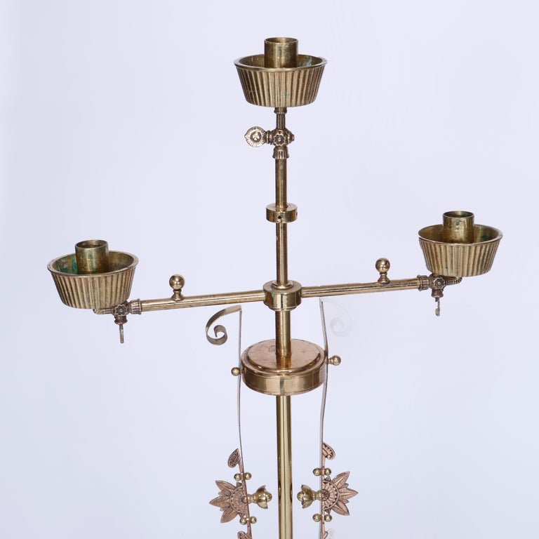Antique Pair Aesthetic Brass & Mahogany Newell Post Candelabra Lights, C1870