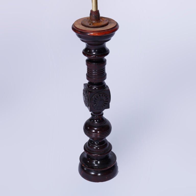 Antique Pair Aesthetic Brass & Mahogany Newell Post Candelabra Lights, C1870