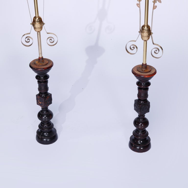 Antique Pair Aesthetic Brass & Mahogany Newell Post Candelabra Lights, C1870