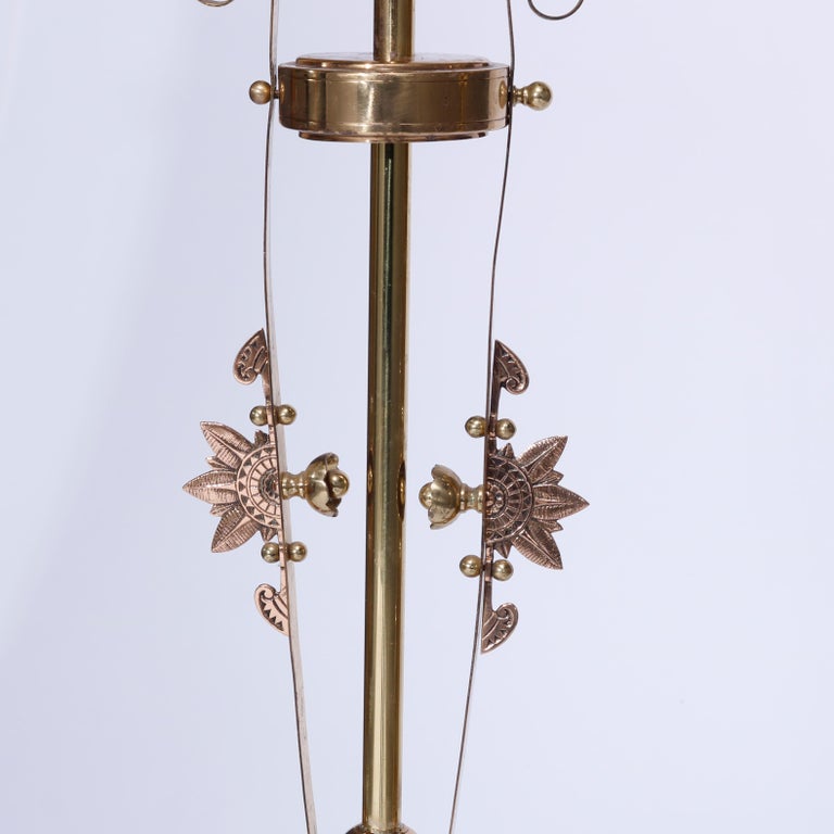 Antique Pair Aesthetic Brass & Mahogany Newell Post Candelabra Lights, C1870