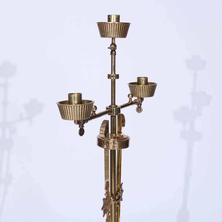 Antique Pair Aesthetic Brass & Mahogany Newell Post Candelabra Lights, C1870