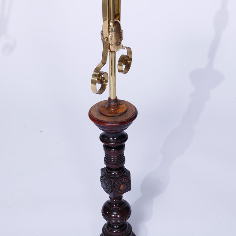 Antique Pair Aesthetic Brass & Mahogany Newell Post Candelabra Lights, C1870