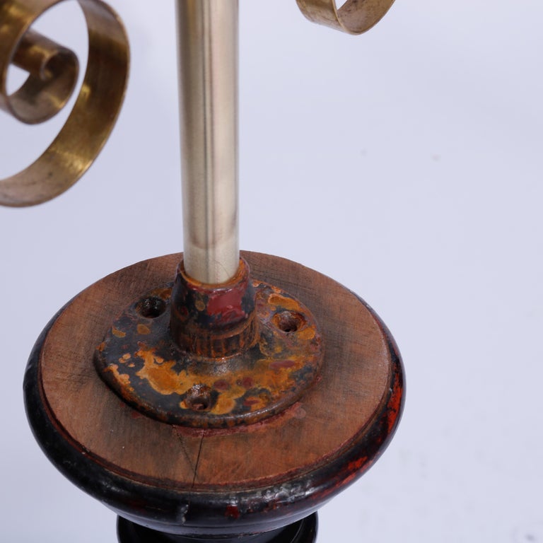 Antique Pair Aesthetic Brass & Mahogany Newell Post Candelabra Lights, C1870