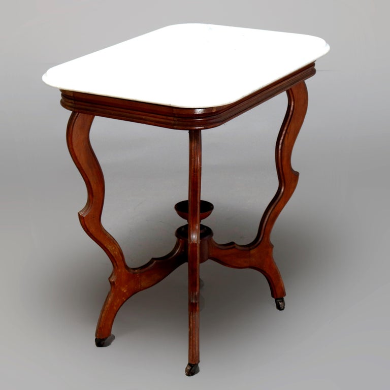 Antique Victorian Carved Walnut and Beveled Marble Side Table, circa 1880