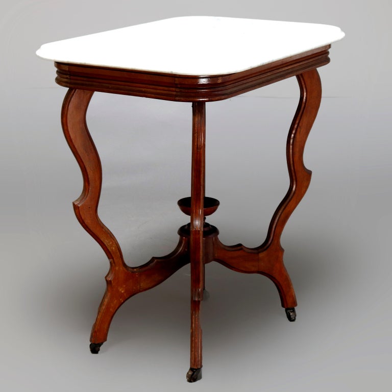 Antique Victorian Carved Walnut and Beveled Marble Side Table, circa 1880