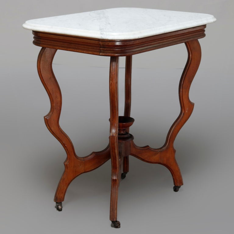 Antique Victorian Carved Walnut and Beveled Marble Side Table, circa 1880