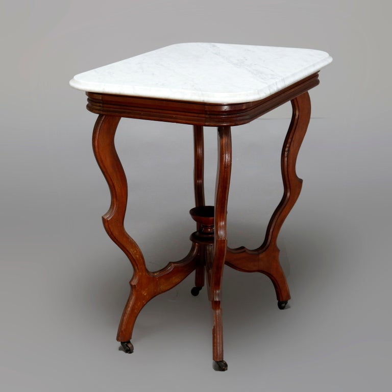Antique Victorian Carved Walnut and Beveled Marble Side Table, circa 1880