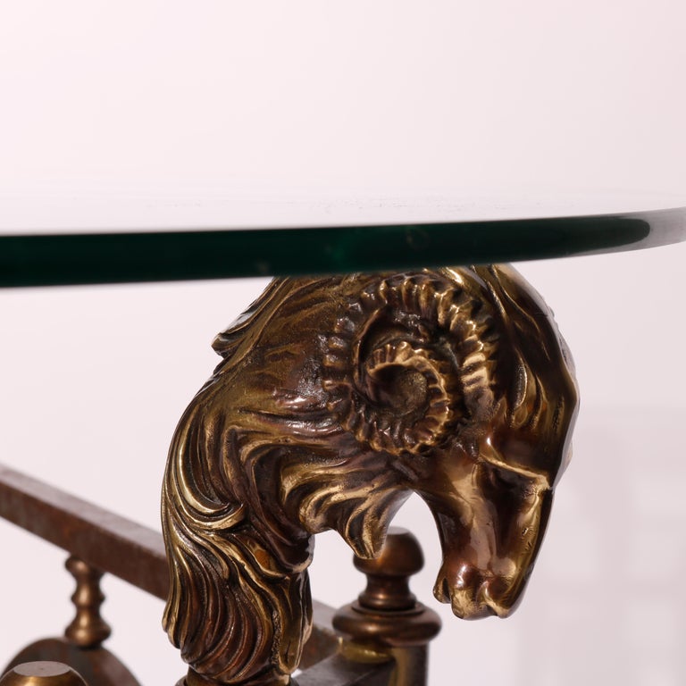 French Empire Figural Bronzed Metal & Glass Center Table with Ram's Heads 20th C