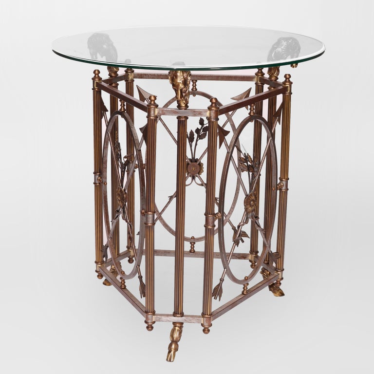 French Empire Figural Bronzed Metal & Glass Center Table with Ram's Heads 20th C