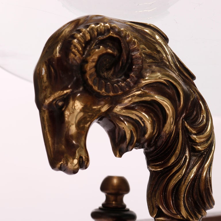 French Empire Figural Bronzed Metal & Glass Center Table with Ram's Heads 20th C