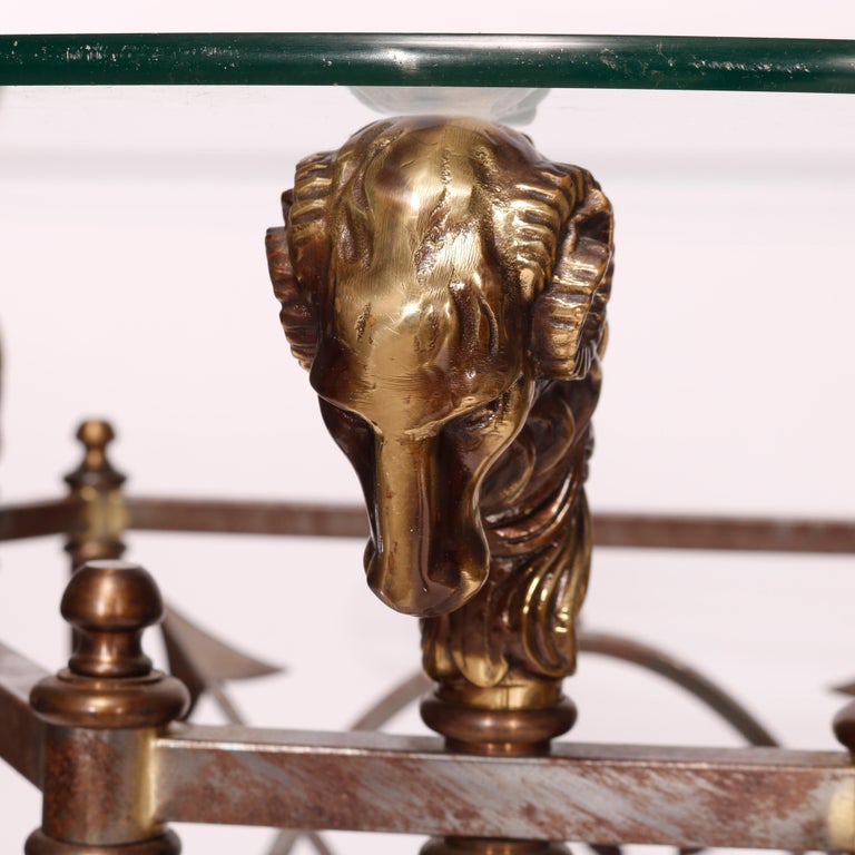 French Empire Figural Bronzed Metal & Glass Center Table with Ram's Heads 20th C