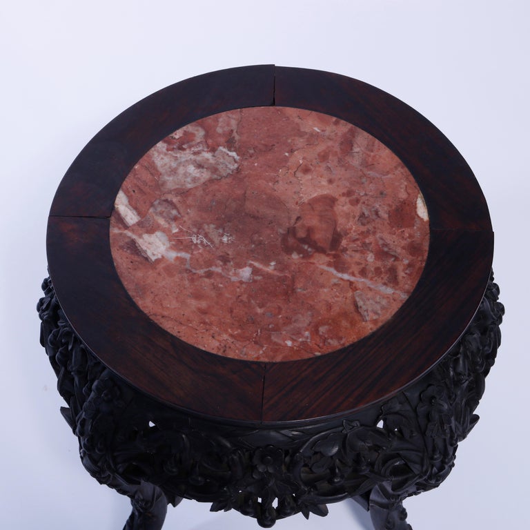 Antique Chinese Carved Hardwood Marble Top Plant Stand, Circa 1920