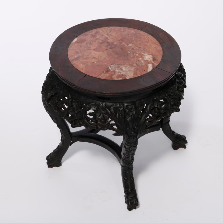Antique Chinese Carved Hardwood Marble Top Plant Stand, Circa 1920