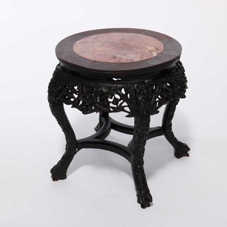 Antique Chinese Carved Hardwood Marble Top Plant Stand, Circa 1920
