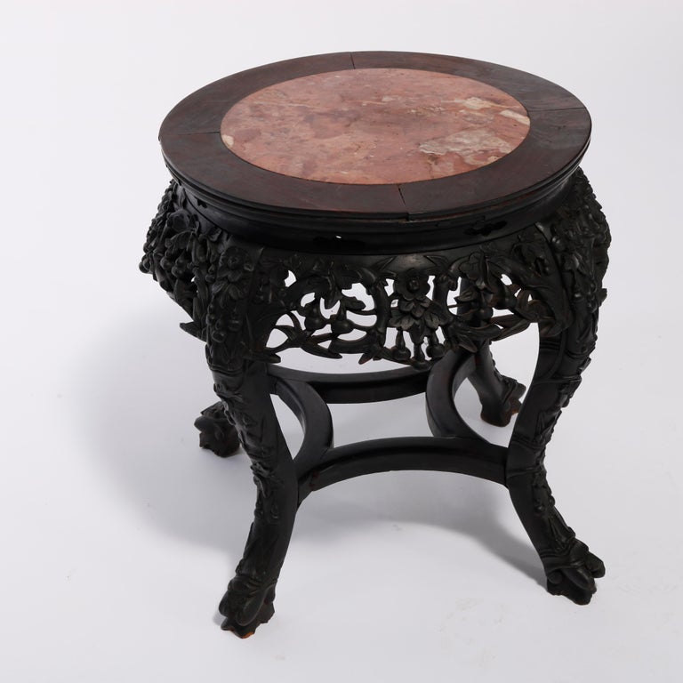 Antique Chinese Carved Hardwood Marble Top Plant Stand, Circa 1920