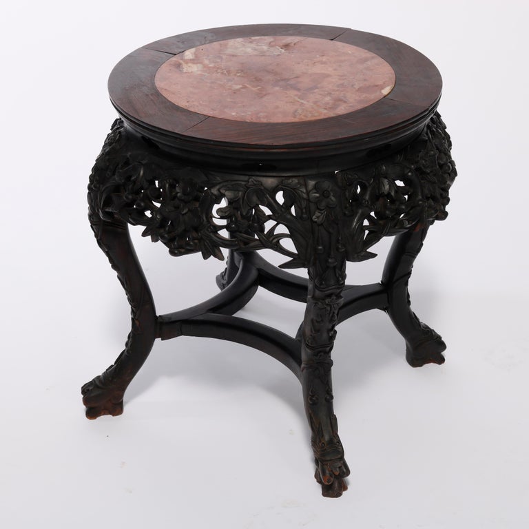 Antique Chinese Carved Hardwood Marble Top Plant Stand, Circa 1920