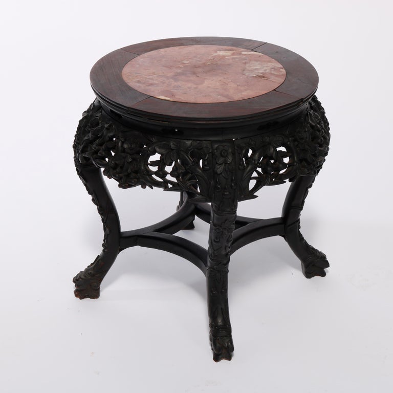 Antique Chinese Carved Hardwood Marble Top Plant Stand, Circa 1920