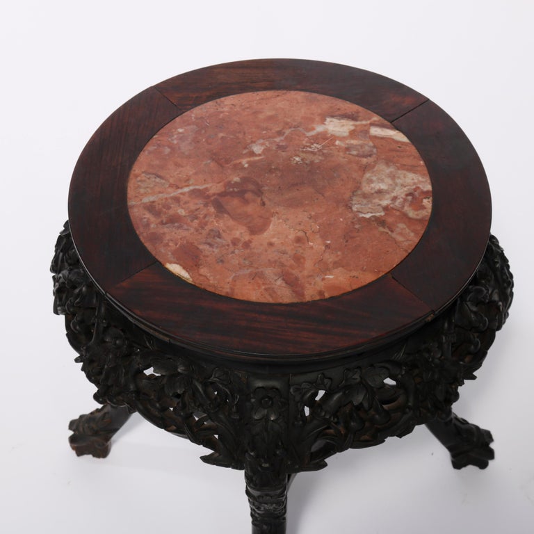 Antique Chinese Carved Hardwood Marble Top Plant Stand, Circa 1920