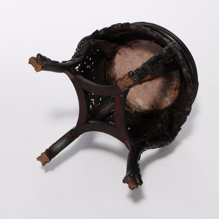 Antique Chinese Carved Hardwood Marble Top Plant Stand, Circa 1920